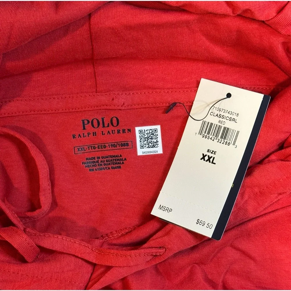 Polo Ralph Lauren Red Lightweight Pullover Hoodie Sweatshirt T Shirt Men's 2XL